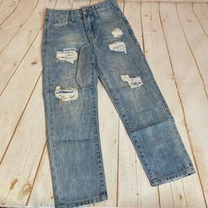 KIDSCOOL SPACE Girls Slim-fit Jeans, Ripped Holes Straight Denim Pants